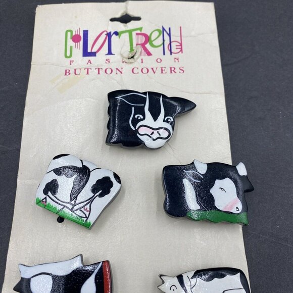 Vintage Set of 6 Cow Button Covers Black White Pink Wood NEW Funny - Picture 2 of 14